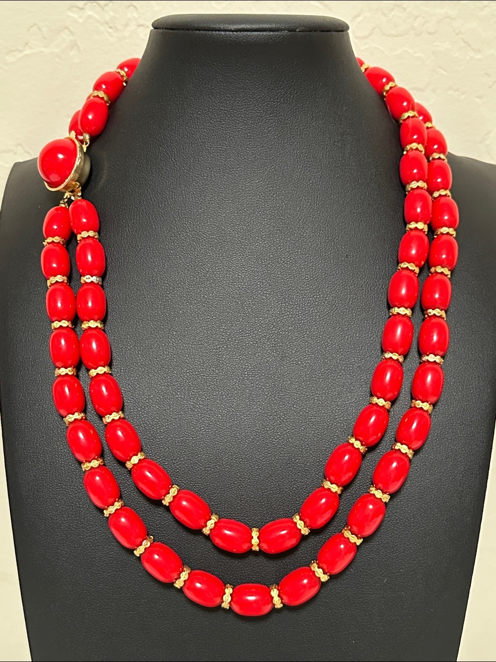 Bright Red Double Strand Lucite Oval Bead Gold Tone Accent Necklace